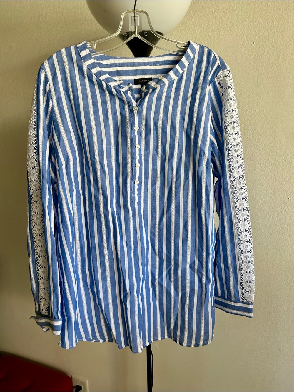 Talbots Blue and White Striped Lace-Trim Shirt